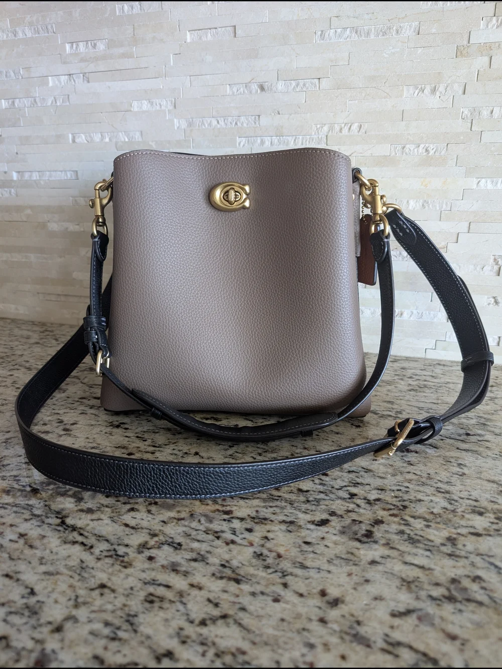 Coach Pebbled Leather Willow Bucket Bag in Dark Stone (Taupe) with Black Straps